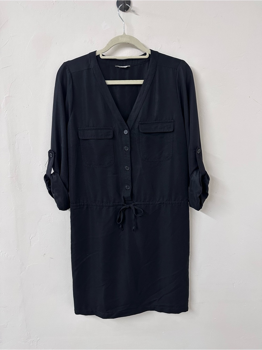 Max Studio Black V-Neck Shirt Dress with Drawstring Waist